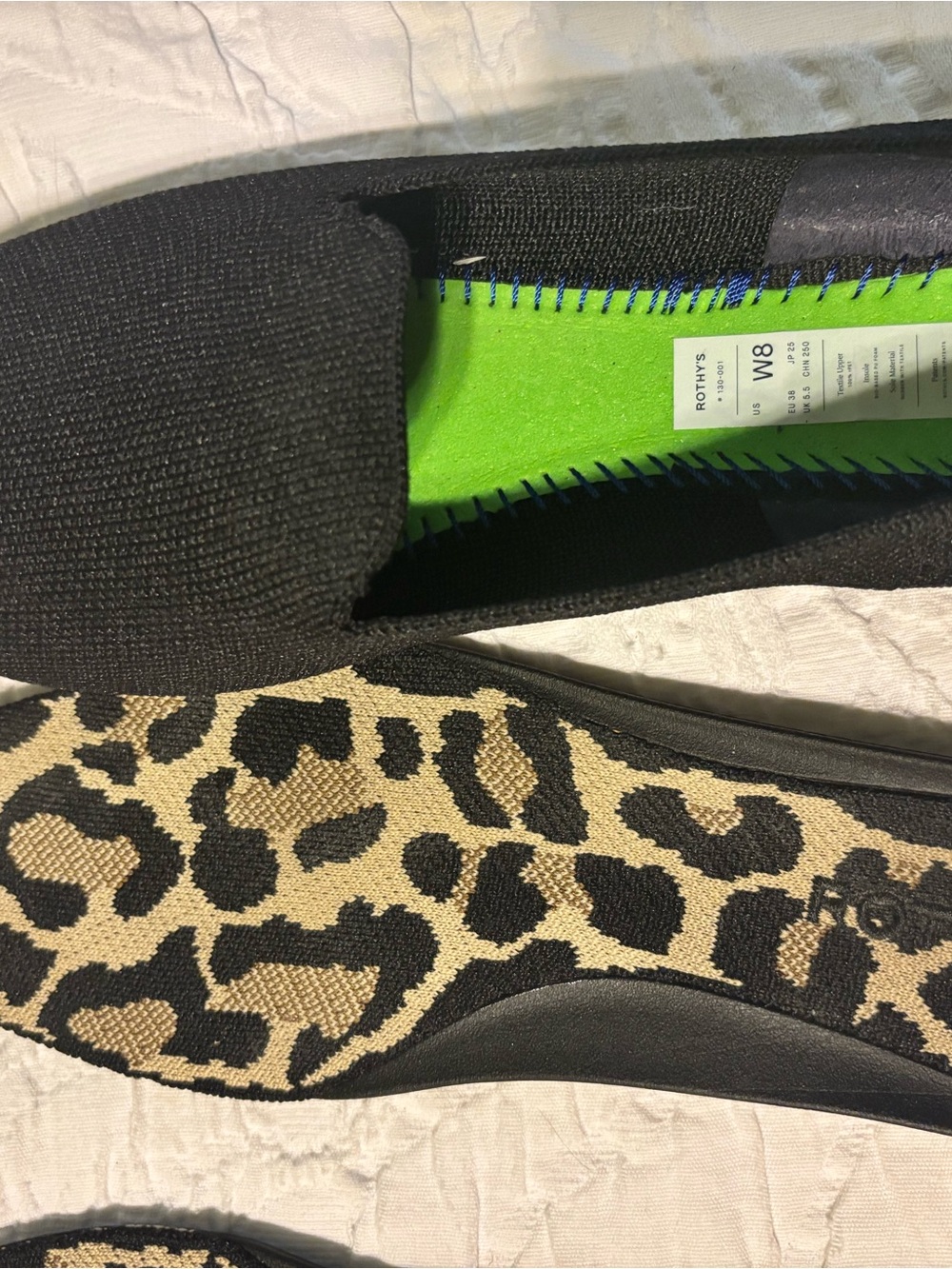 Rothy's Black Knit Slip-On Flats with Leopard Insole and Blue Trim - Picture 8 of 9